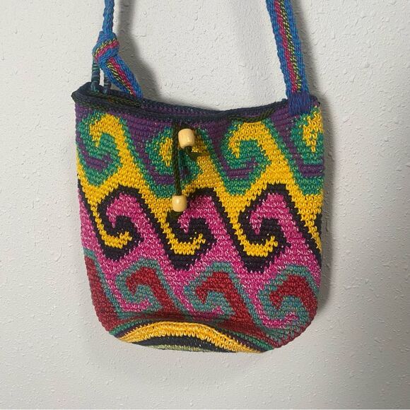 Women's Boho Artisanal Colorful Crochet/Knit Crossbody Bag W/ Drawstring Closure - Picture 7 of 15